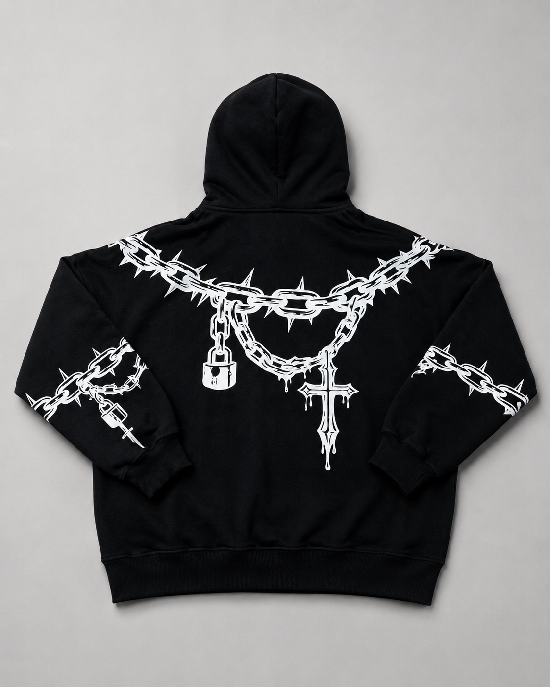 Black hoodie with white barbed wire and padlock design on a gray background