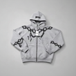Gray hoodie with black chain and barbed wire design on a gray background