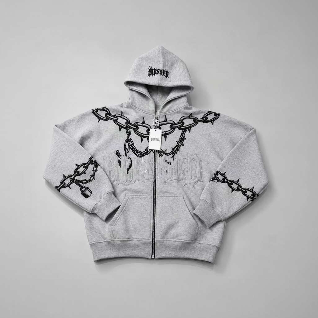 Gray hoodie with black chain and barbed wire design on a gray background