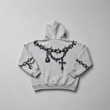 Gray hoodie with black barbed wire and chain design on a gray background