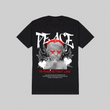 Black t-shirt with graphic design and text on a gray background